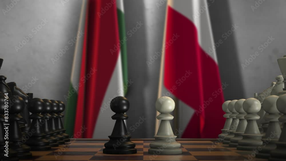 Poland and Hungary National Flags with Chess Board Animation. Politics of Government or Conflict of Countries Concept Poland and Hungary National Flags with Chess Board Animation. Politics of Government or Conflict of Countries Concept