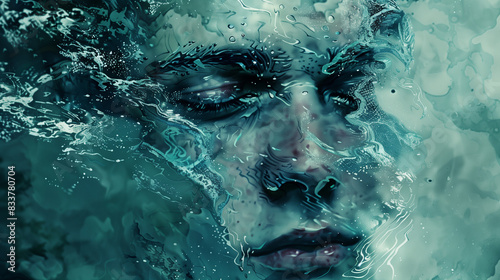 The face of a man floating under the water's surface. Surrounded by the blue tones of the ocean, it seems as if she was having subtle conversations with the depths of the sea abyss.