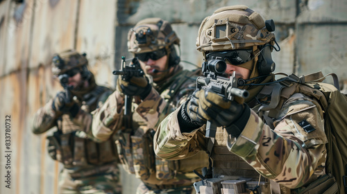 Armed special forces soldiers in tactical equipment. Their professionalism and concentration are visible in the posture of their bodies, which emphasizes their preparation for combat action.