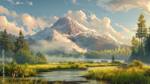 Early morning light bathes a high mountain in a serene and beautiful natural landscape 