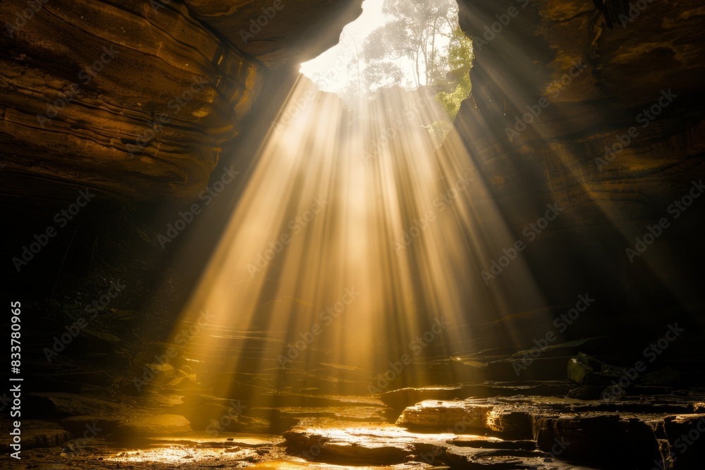 Obraz premium Cave lit by sun rays sunset evening nature exploration travel background rocks cliffs mountains seaside hiking tourist destination adventure spirit geology shiny sunny weather photography wallpaper