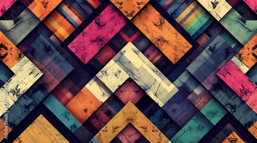Abstract geometric pattern with colorful wooden blocks arranged in a criss-cross design.