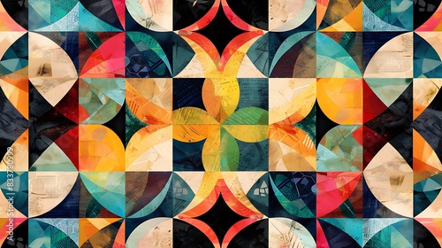 Abstract geometric pattern with colorful squares, circles, and diamonds in a repeating design.