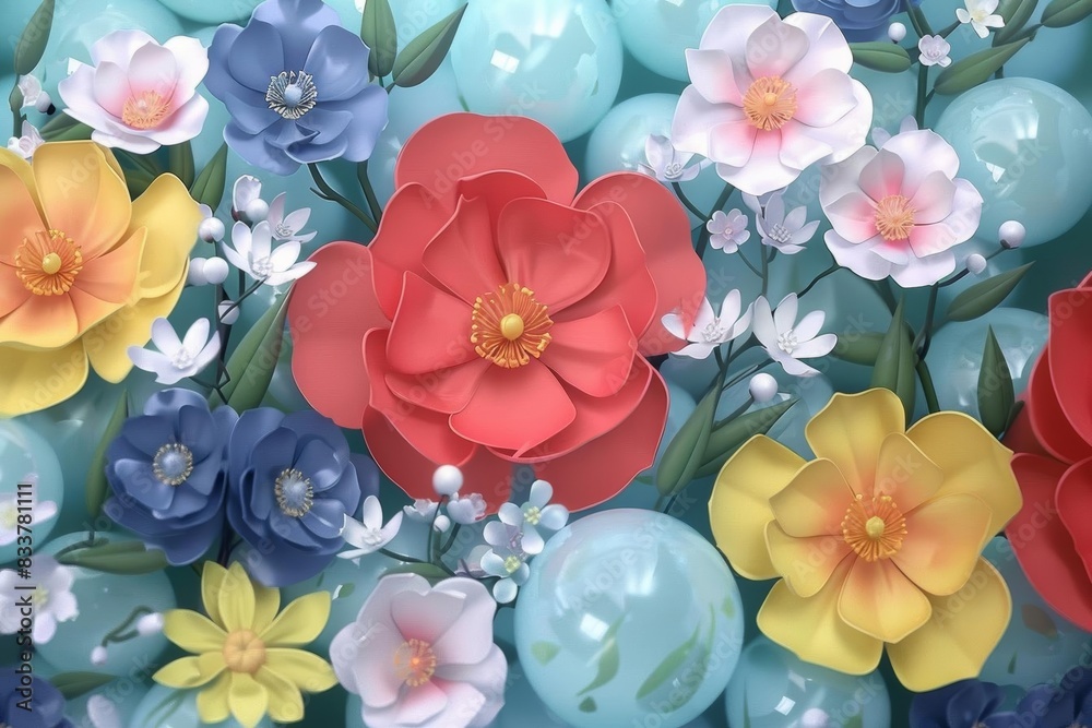 A 3D illustration showcasing a vibrant floral pattern with botanical elements A 3D illustration showcasing a vibrant floral pattern with botanical elements