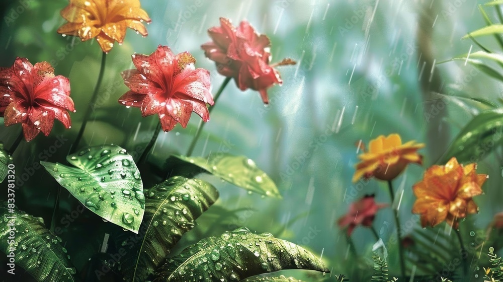 A lively 3D illustration displaying an array of tropical flowers and leaves in a flat bubble plastic finish A lively 3D illustration displaying an array of tropical flowers and leaves in a flat bubble plastic finish