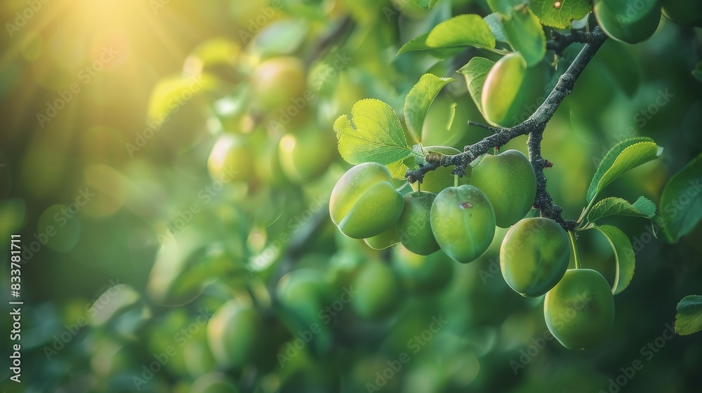 Ripe Green Plums Hanging On A Branch In Sunlight Ripe Green Plums Hanging On A Branch In Sunlight