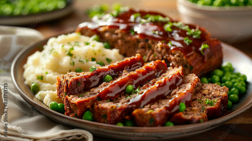 Fototapeta premium Pieces of meat pâté arranged on a plate next to smooth mashed potatoes and light green peas, shown on the plate.