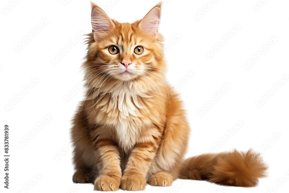 Obraz premium A ginger cat is sitting on a transparent background. The cat is looking at the camera with its big green eyes. Its fur is long and fluffy, and its tail is curled up at the end.