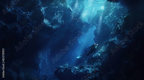 Wallpaper Mural Two divers explore a dark underwater cave illuminated by a bright blue light. Torontodigital.ca