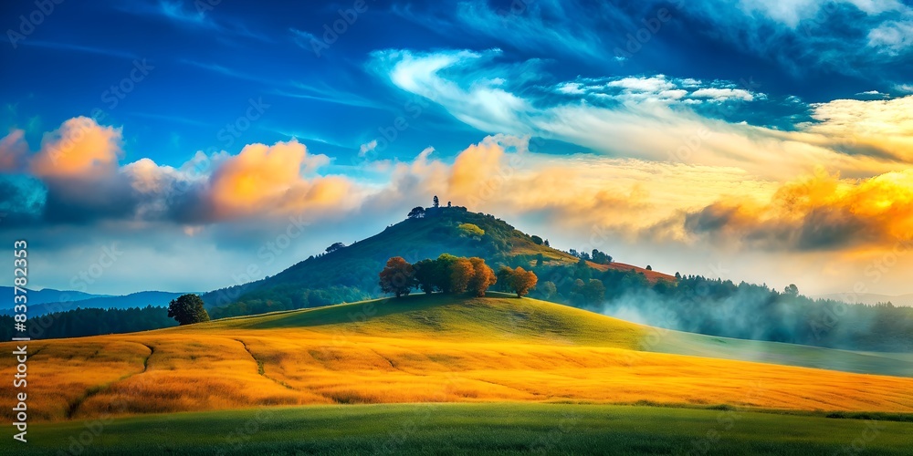 A green field with a hill in the background and clouds in the sky above it, with a few trees on top of the hill, a picture, color field, beautiful landscape, A green field with a hill in the background and clouds in the sky above it, with a few trees on top of the hill, a picture, color field, beautiful landscape,