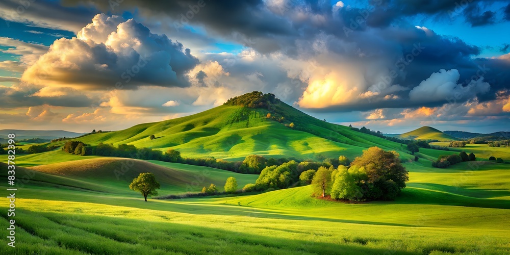 Fototapeta premium A green field with a hill in the background and clouds in the sky above it, with a few trees on top of the hill, a picture, color field, beautiful landscape,