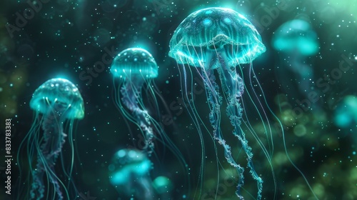 Abstract Jellyfish Swarm, A swarm of abstract jellyfish with glowing tentacles