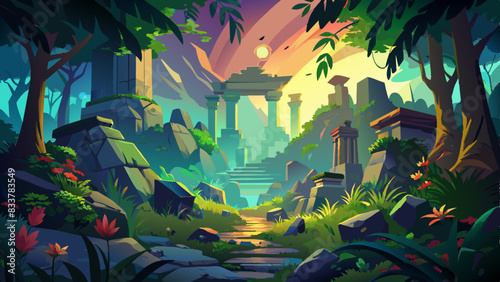 tropical jungle, Ancient ruins rediscovered, overgrown with jungles under bright, mystical skies