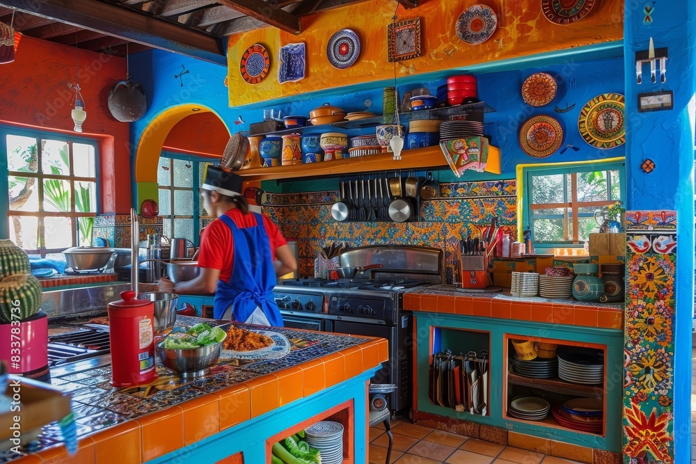 Obraz premium A colorful Mexican kitchen with a cook making generated by AI