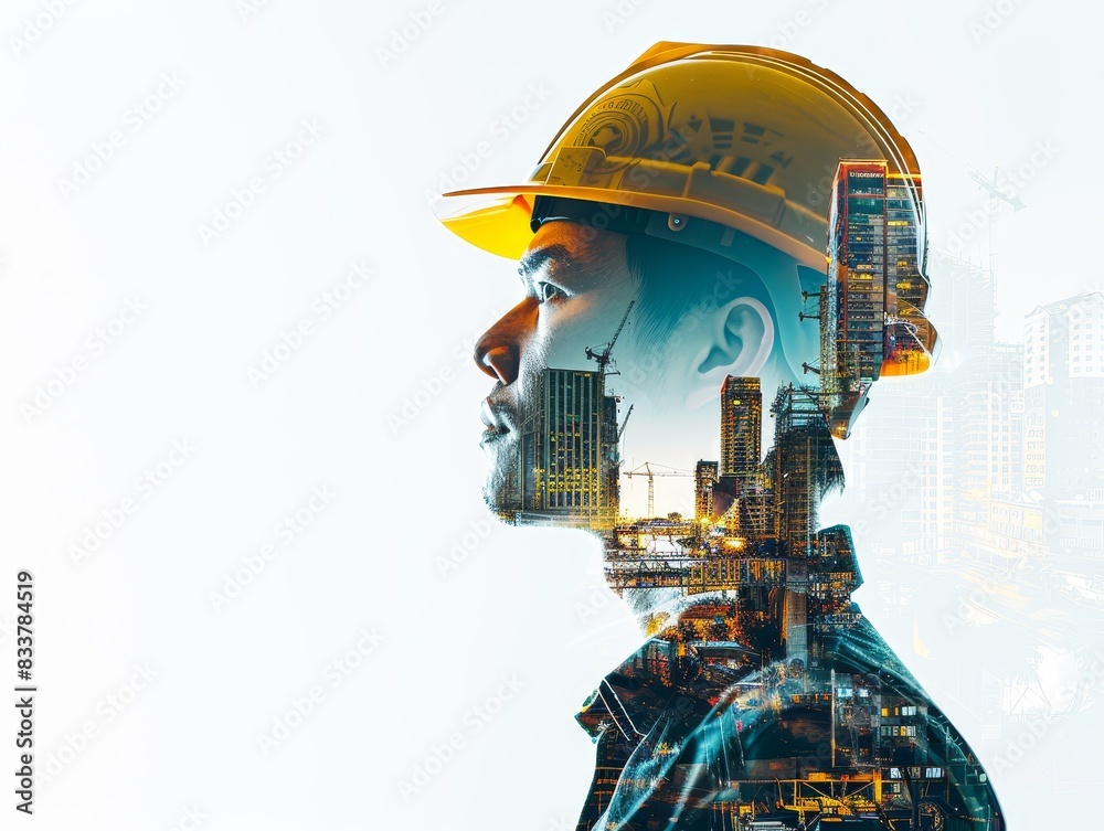 A man wearing a yellow helmet is looking up at a city skyline A man wearing a yellow helmet is looking up at a city skyline