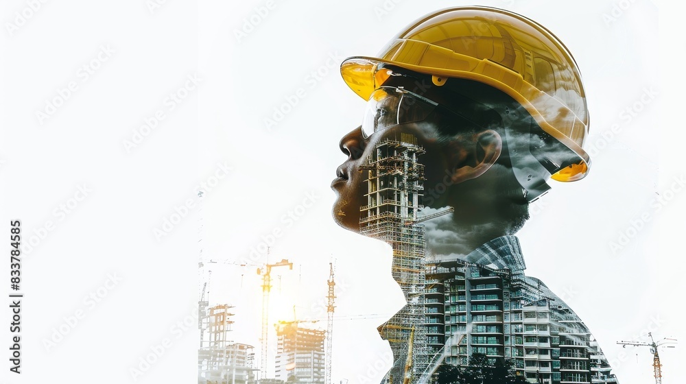 A man wearing a yellow helmet is looking up at a city skyline A man wearing a yellow helmet is looking up at a city skyline