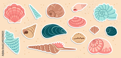 Cute sea shells sticker set. Trendy flat style seashell collection. Ocean underwater sink seashell conch aquatic mollusk. Hand drawn cartoon spiral snail, marine animals. Vector illustration