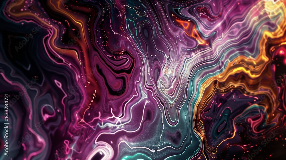 A colorful, abstract painting with a purple and green swirl