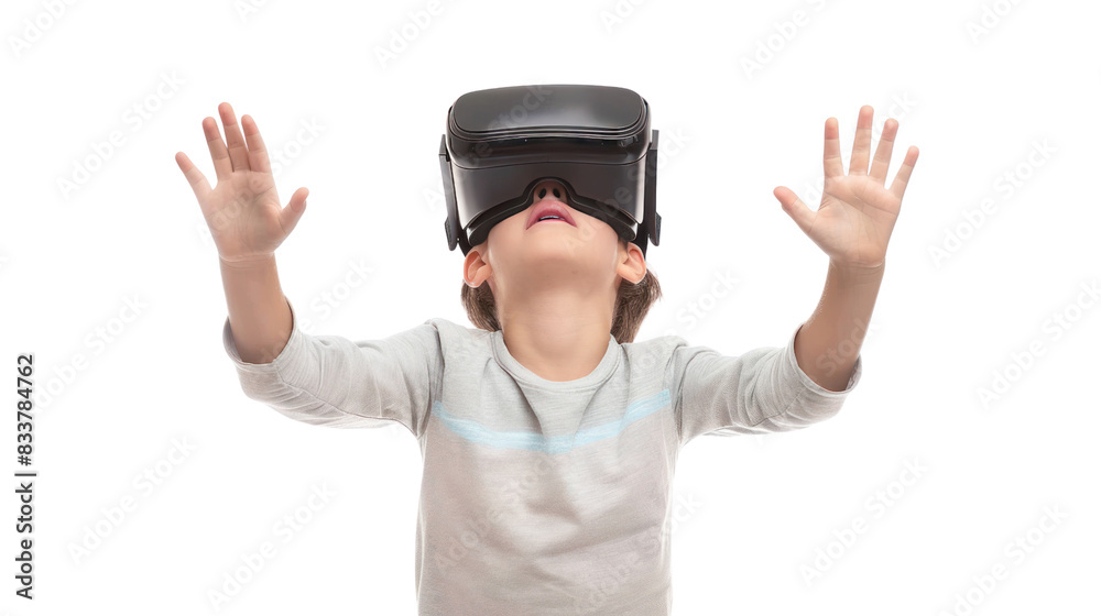 Child with virtual reality headset toy on a white background Child with virtual reality headset toy on a white background
