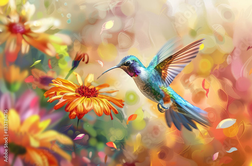 A hummingbird hovering near vibrant flowers, with its iridescent plumage and long beak highlighting the beauty of nature's details.