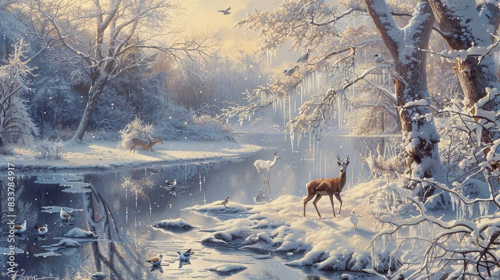 Snowy landscape with a deer and a bird. The deer is walking on the snow and the bird is flying Snowy landscape with a deer and a bird. The deer is walking on the snow and the bird is flying