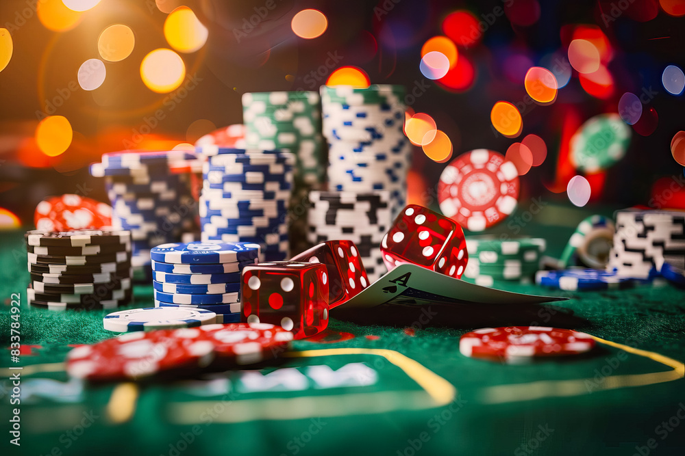 Gaming table with casino chips and cards for playing poker, gambling concept Gaming table with casino chips and cards for playing poker, gambling concept
