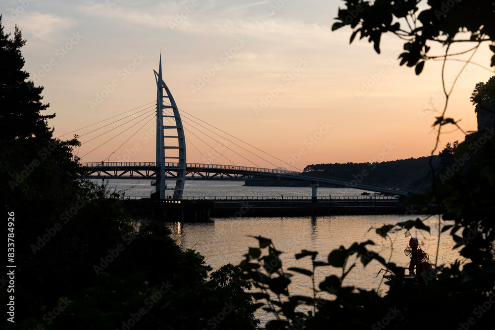 Obraz premium View of the suspension bridge during sunset