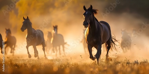 A scene of horses galloping through a dusty field with a blurred background of more horses. Concept Horse Galloping  Dusty Field  Blurred Background  Action Shot