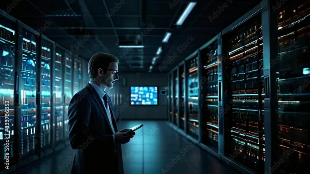 Man inspecting server racks in a modern data center Man inspecting server racks in a modern data center