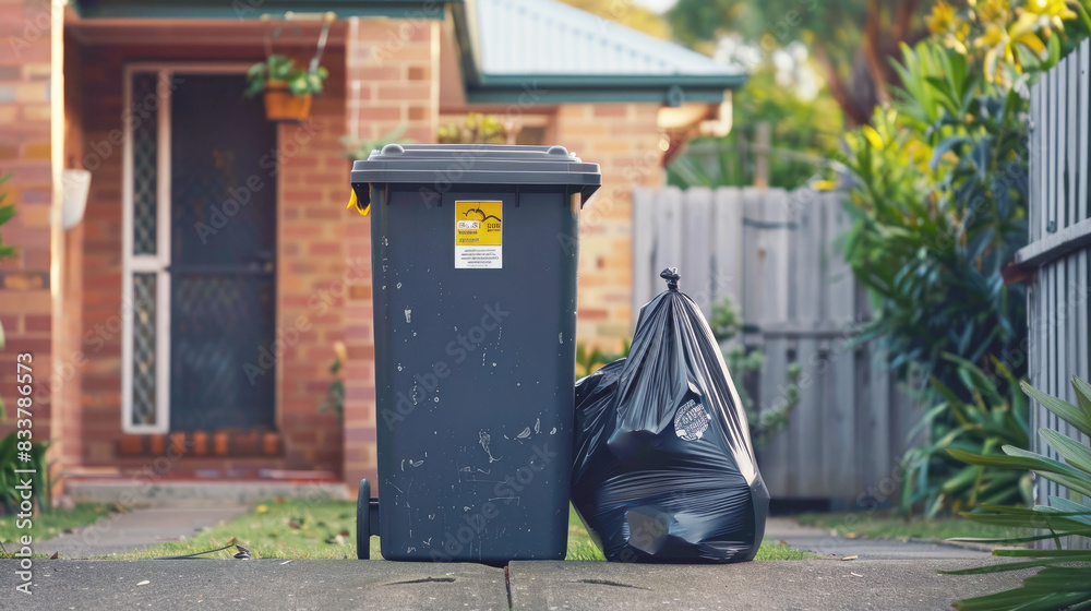 A trash can on the street near a private house. There are plastic garbage bags around it. A trash can on the street near a private house. There are plastic garbage bags around it.