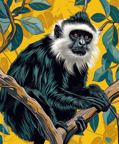 A Black And White Colobus Monkey Resting On A Branch In A Tropical Forest photo