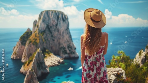 Travel to Italy, Europe, and Capri. Woman gazing out over a well-known tourist spot. Stylish young woman in a dress on vacation, leading a life of luxury. Wonderful vista of Capri and the sea The Fara photo