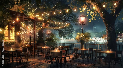 charming waterside guinguette restaurant with a shaded terrace and twinkling string lights a perfect spot for a romantic evening or gathering with friends digital painting