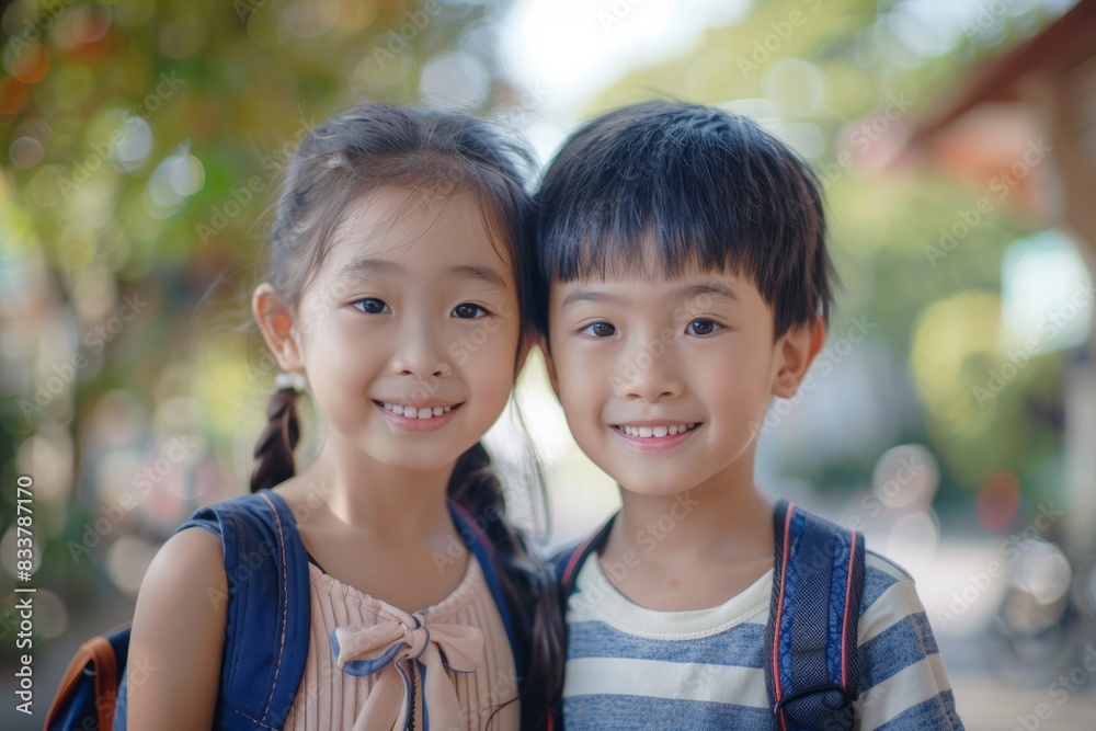 happy asian siblings looking at camera ready to go back to school, early autumn, both kids in focus happy asian siblings looking at camera ready to go back to school, early autumn, both kids in focus