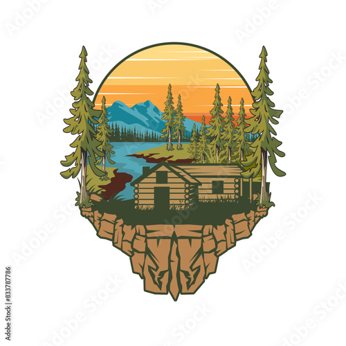 cabin lake mountain outdoors illustration logo vector image t shirt