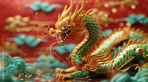 Dragon 3D chinese 2024 year gold new lunar cny podium happy background red golden. Chinese dragon 3D banner china festive illustration invitation money party green japanese render celebration blue.
