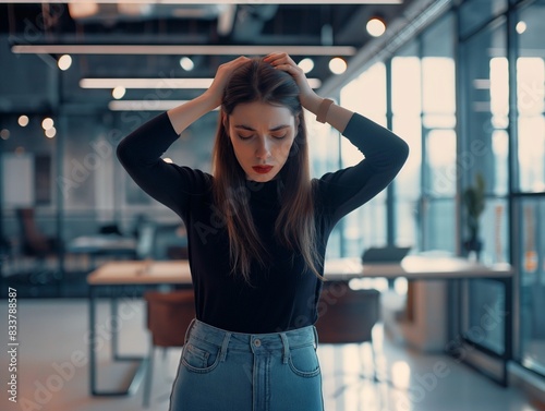 Woman suffering from stress or a headache grimacing, she holds her hand to her temple, office background