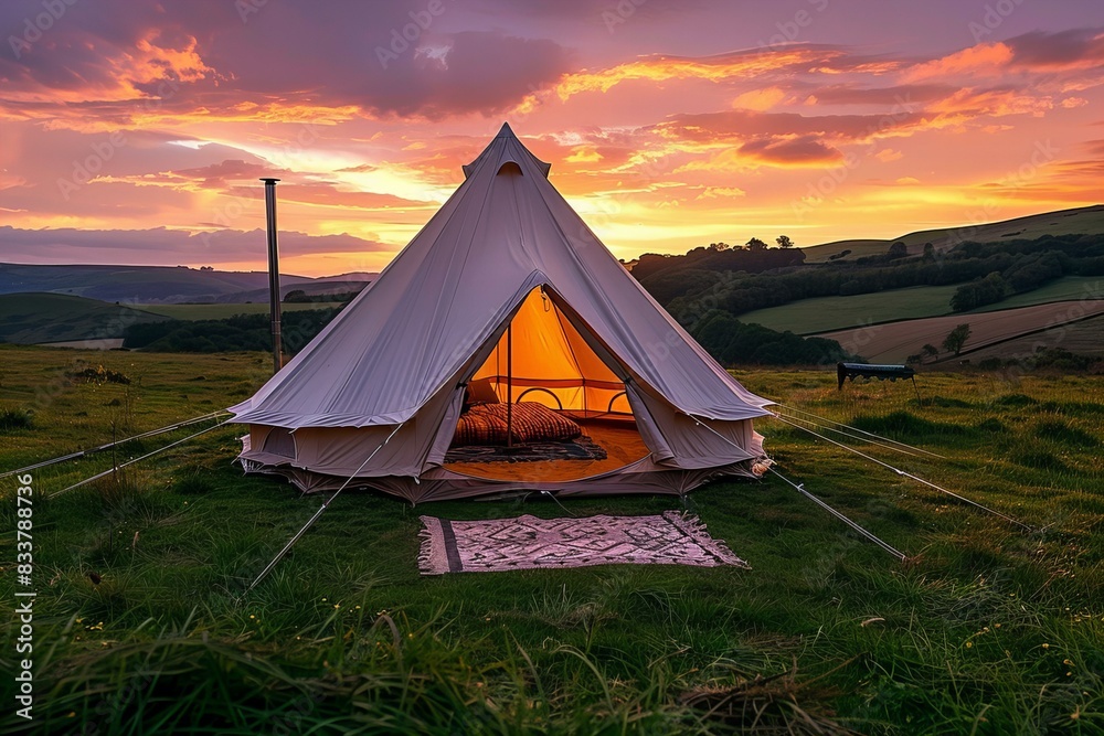 Glamping bell tent at night, sunset, beautiful sky, surrounded by fields and moors in the uk