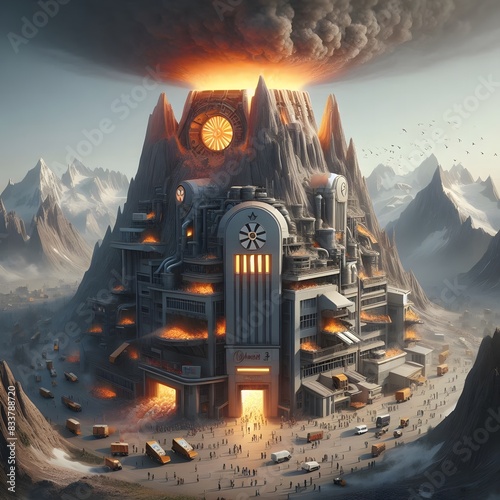 An industrial fortress melds with a mountain, backdropped by an erupting volcano, symbolizing raw power and untamed nature.