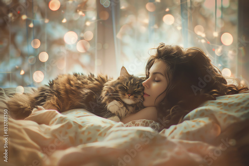 Lively scene of a pet lover and cat snuggling on a bed, ethereal theme, composite effect, modern bedroom backdrop