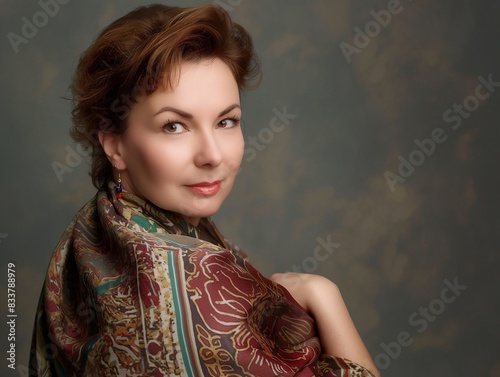 beautiful and well-groomed noble woman of 40 years Slavic appearance old in a silk scarf