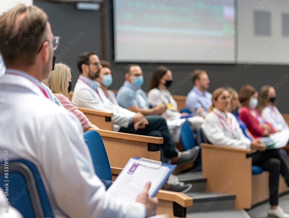 doctor teaching on a seminar at convention center, medical team sitting and listening presenter