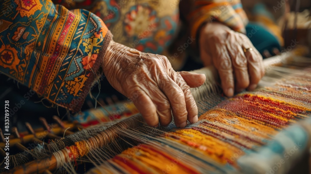 Close-up of hands working on an ikat weaving loom, displaying vintage tribal artistry Close-up of hands working on an ikat weaving loom, displaying vintage tribal artistry