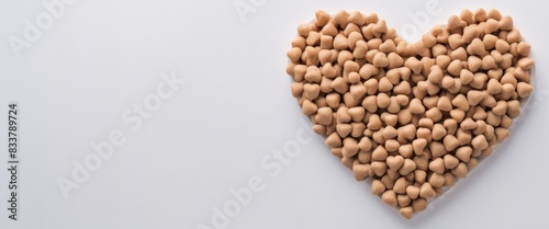 Heart shape made out of pet food with scattered pieces around on a white background, symbolizing love and care for pets.