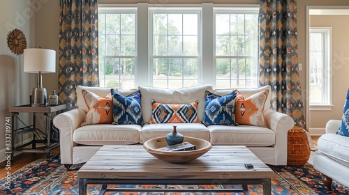 Stylish living room featuring ikat patterned curtains and vintage tribal accents photo