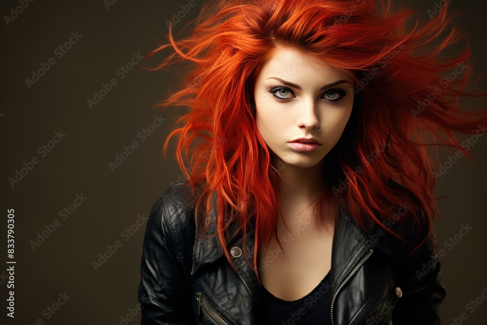 Intense look from a woman with vibrant red hair flowing wildly against a dark background Intense look from a woman with vibrant red hair flowing wildly against a dark background