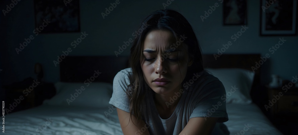 Lonely young woman feeling depressed and stressed sitting head in hands in the dark bedroom, Negative emotion and mental health concept Lonely young woman feeling depressed and stressed sitting head in hands in the dark bedroom, Negative emotion and mental health concept
