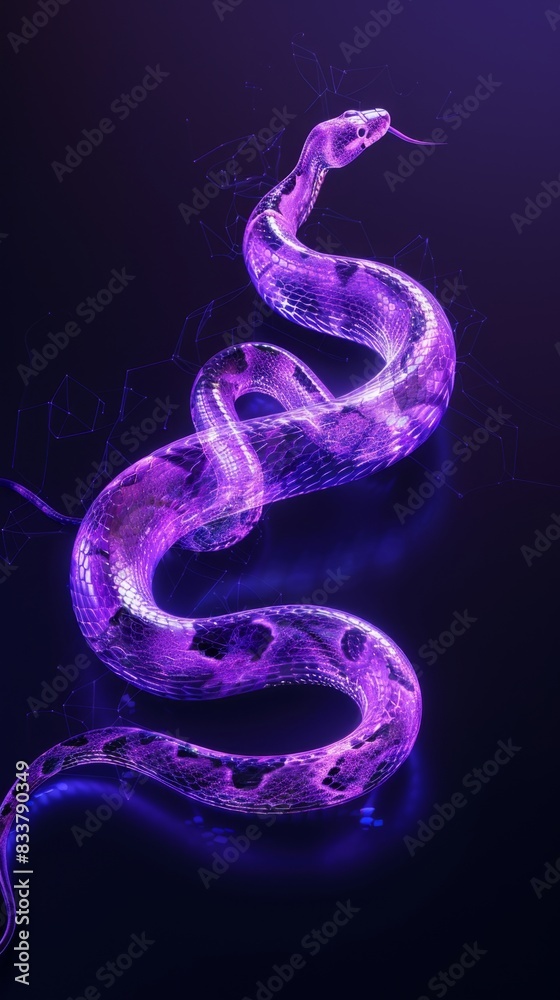 Fototapeta premium New Year, year of the snake, animal, a dynamic graceful snake is glowing purple neon, isolated on black background, 3D rendering illustration, simple design, minimalist, centered in the middle of the 