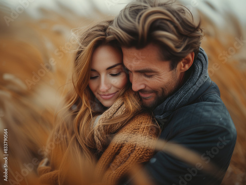 Happy adult couple wearing cozy clothes hugging in the autumn field