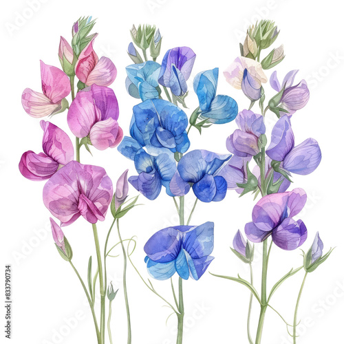 Isolated purple  Lathyrus odoratus  flowers on white background with other floral elements